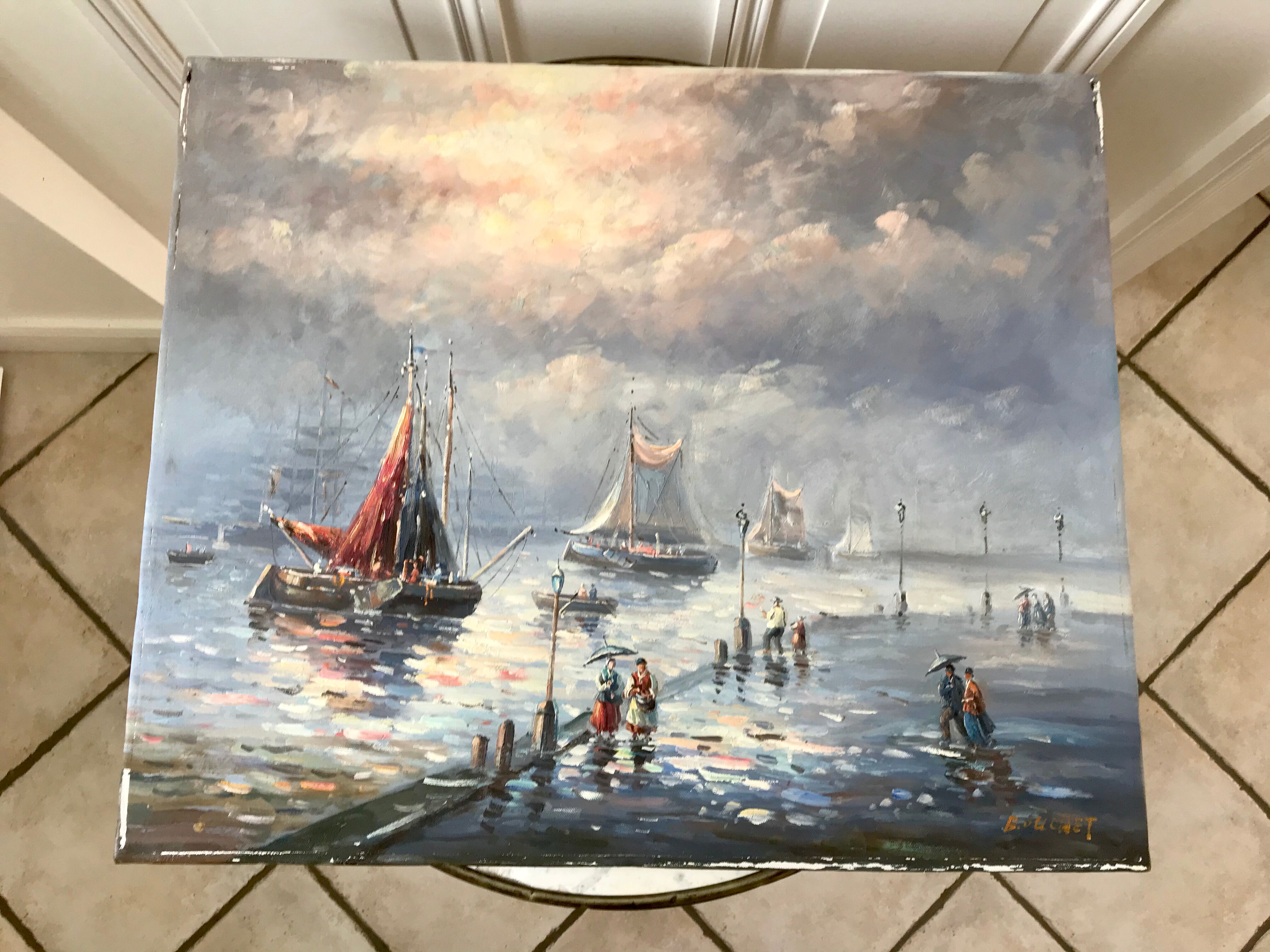 Painting seascape sailboats signed vintage