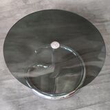 Table basse années 1970 en verre fumé et chrome