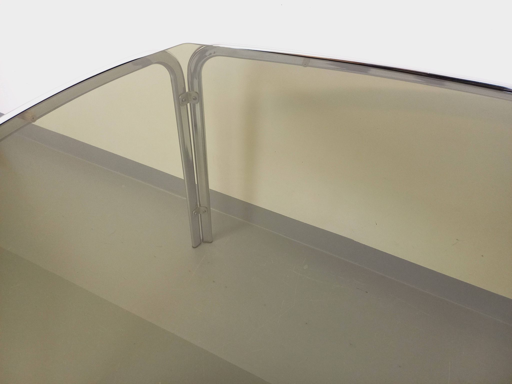Vintage curved rectangular dining table in smoked glass and chrome metal