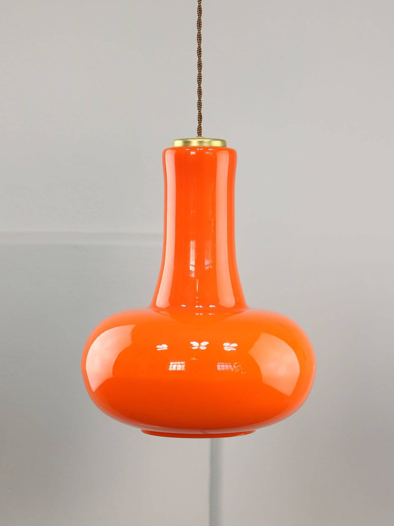 Mid-Century Italian Orange Glass and Brass Pendant Lamp