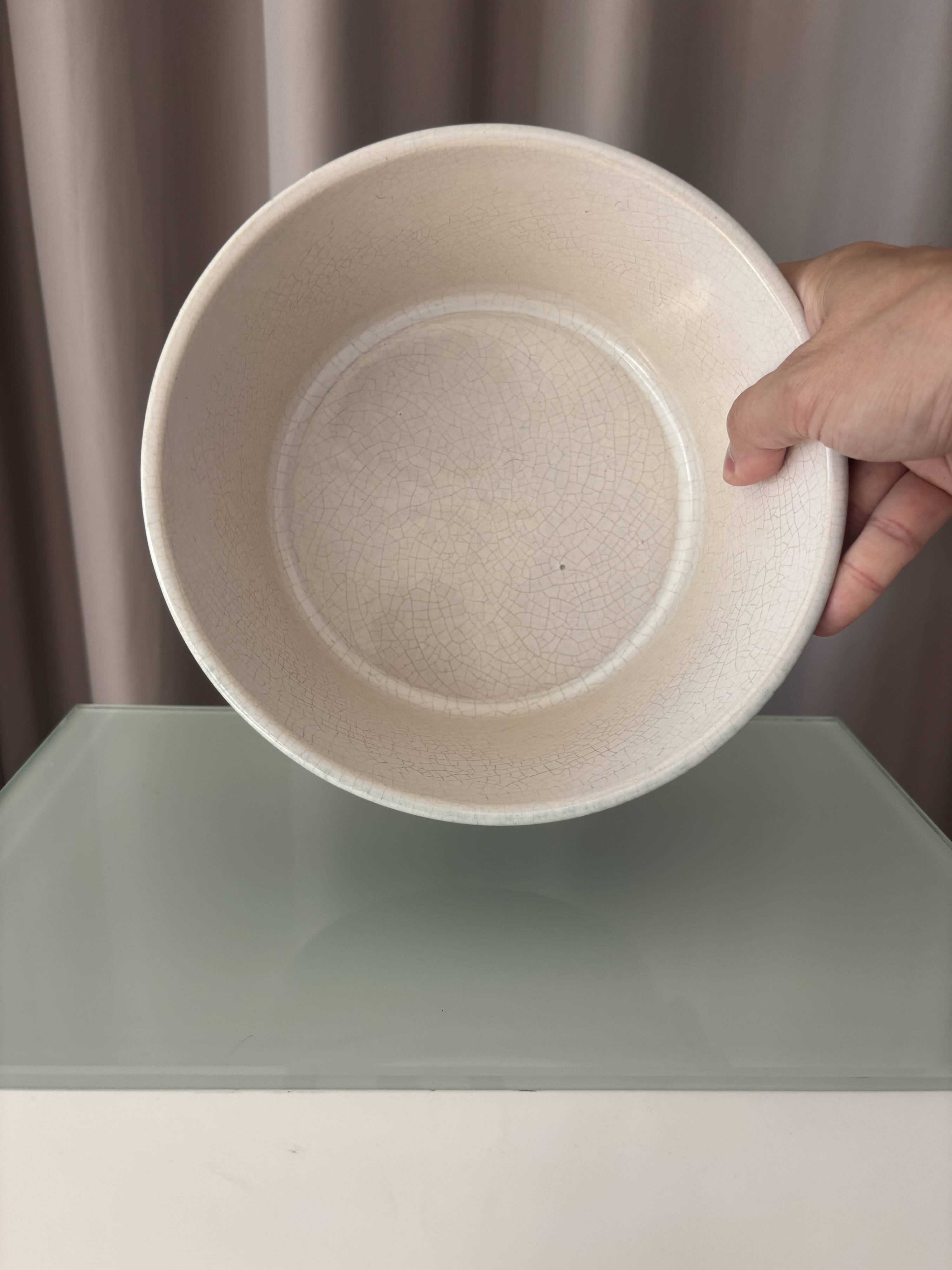 Vintage Scandinavian Stoneware Serving Bowl – Moss Green & Ivory – Mid Cent