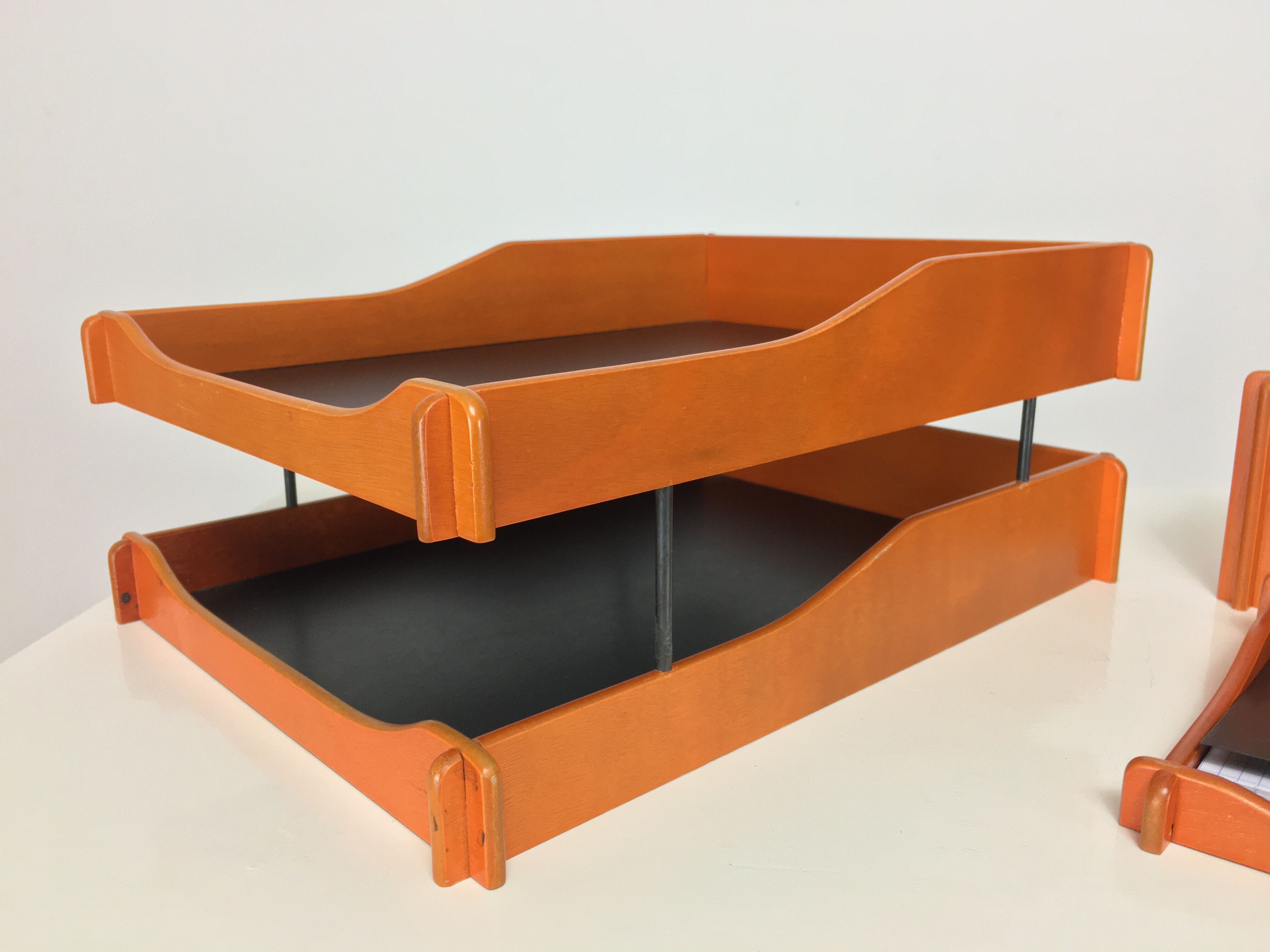 70's orange wood desk set, sorter, vintage pencil jar
