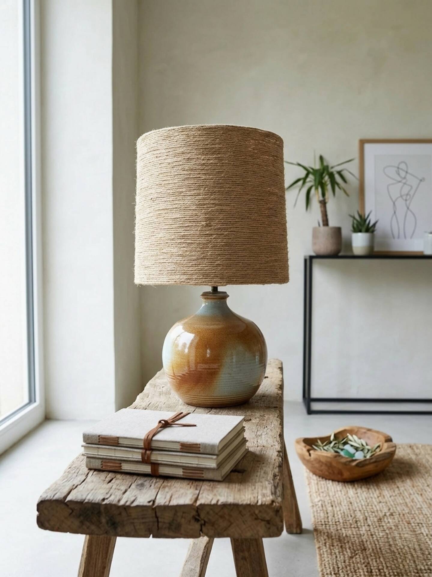 Handcrafted lamp in stoneware and jute fabric: wabi-sabi spirit (1970s-80s)