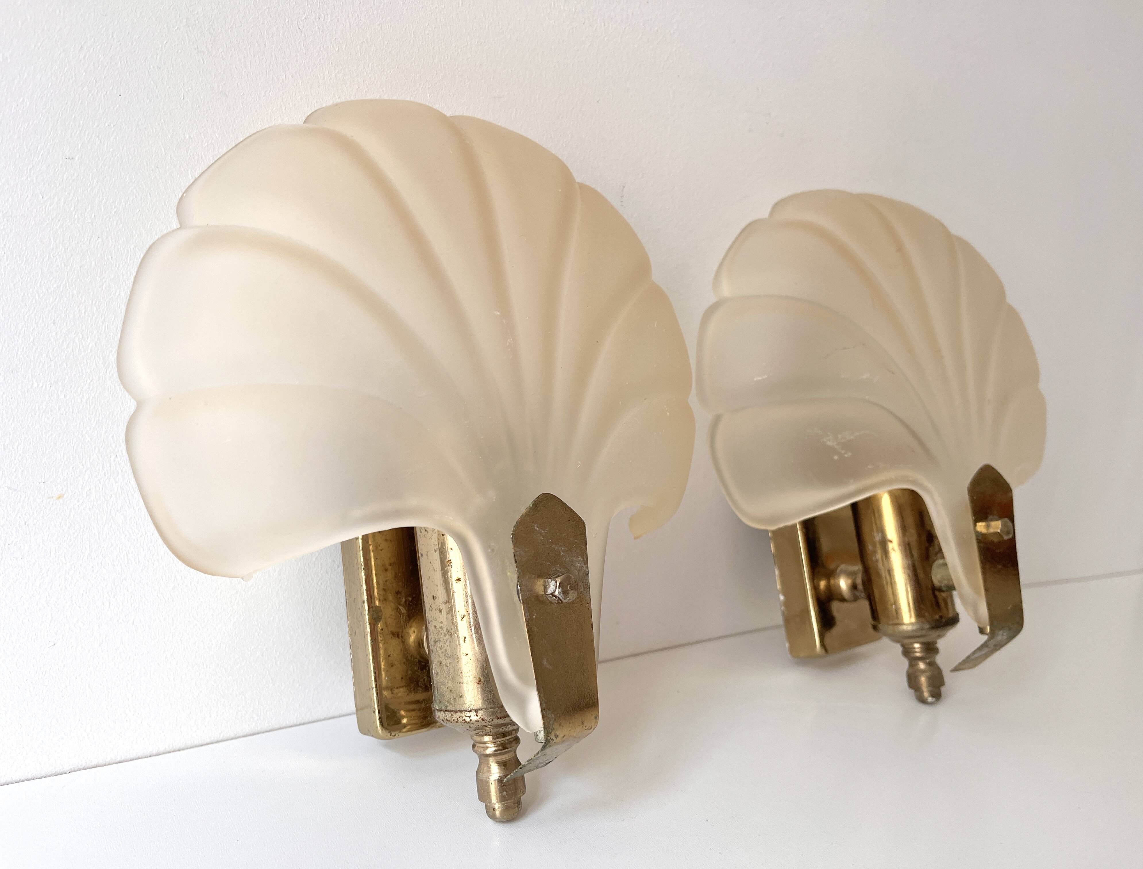 Pair of vintage shell glass wall lights, Art Deco style fixtures.