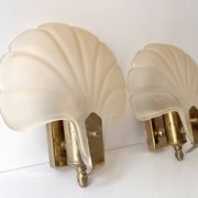 Pair of vintage shell glass wall lights, Art Deco style fixtures.