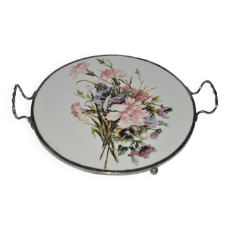 Round white porcelain and metal cake stand, floral decoration, antique style.