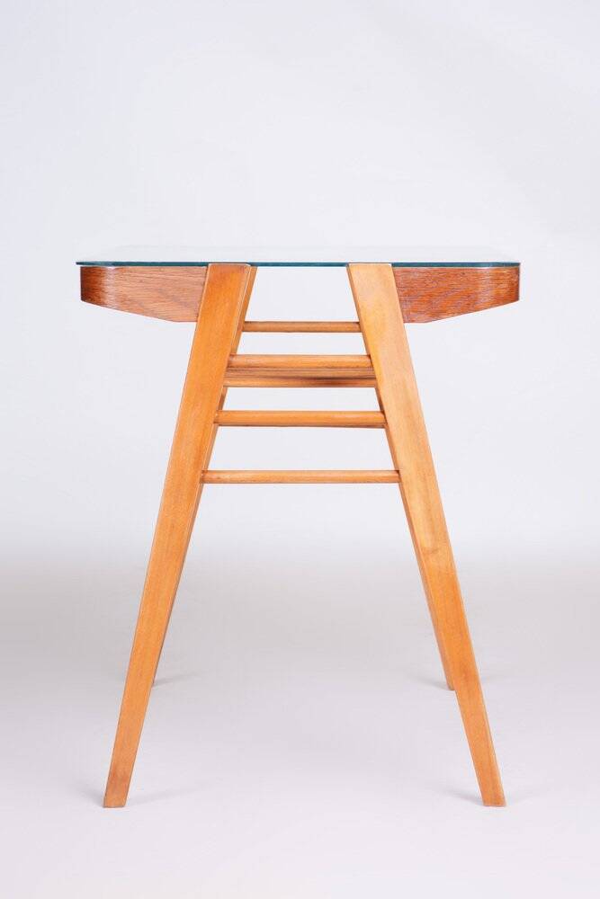 Mid-Century Console Table in Oak, Glass, Czech, 1950s