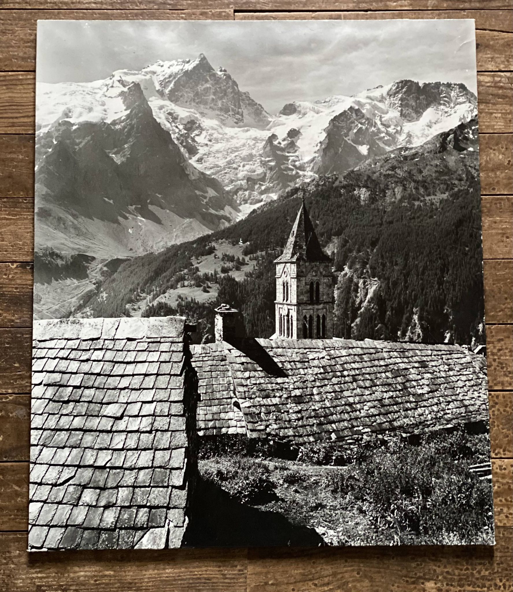 Vintage 1970 photograph of the Meije glacier on a mountain decor panel.