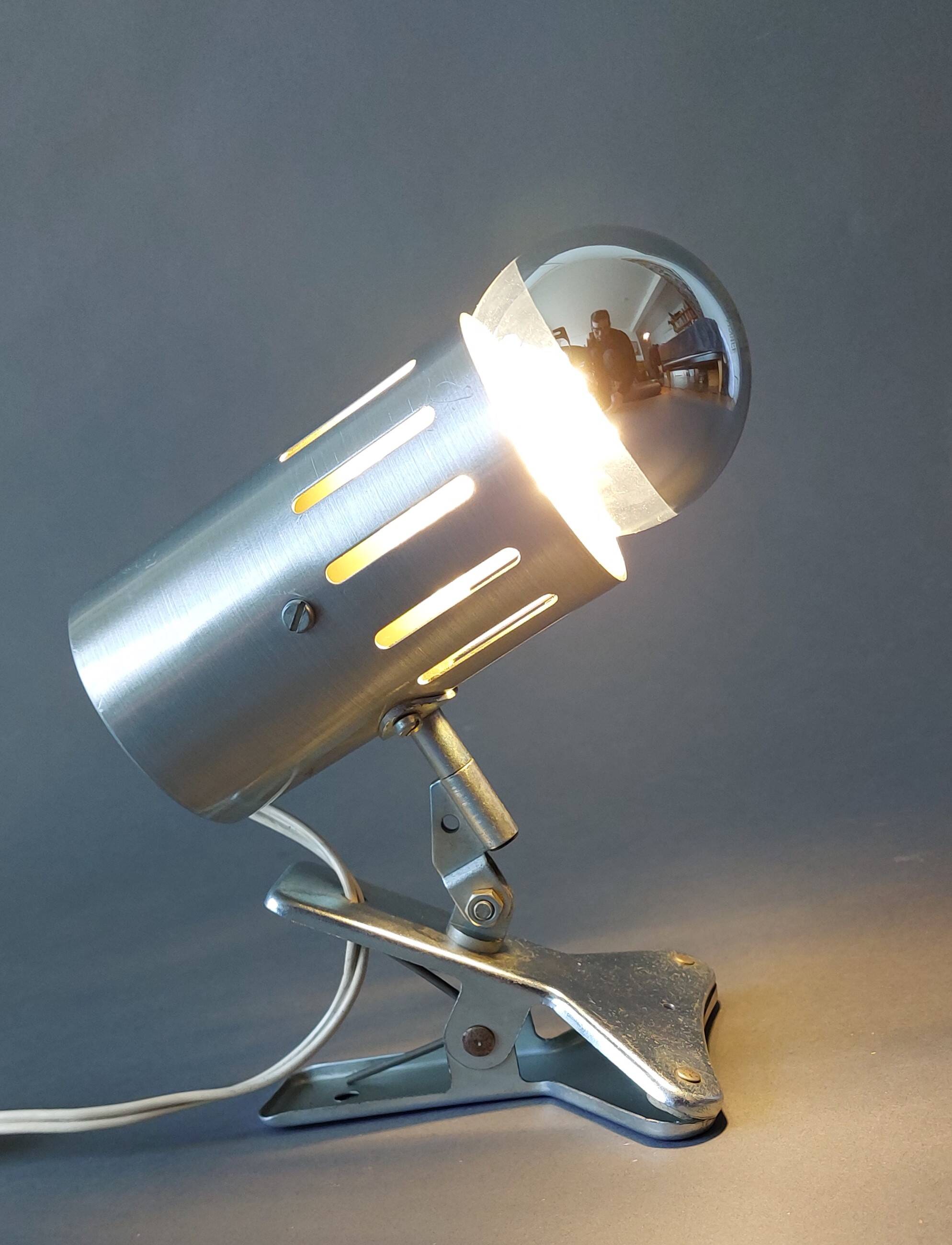 Vintage 1960 brushed aluminum clamp spotlight.