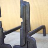 Vintage fireplace andirons France, wrought iron and cast iron andirons, modernist, brutalist, deco