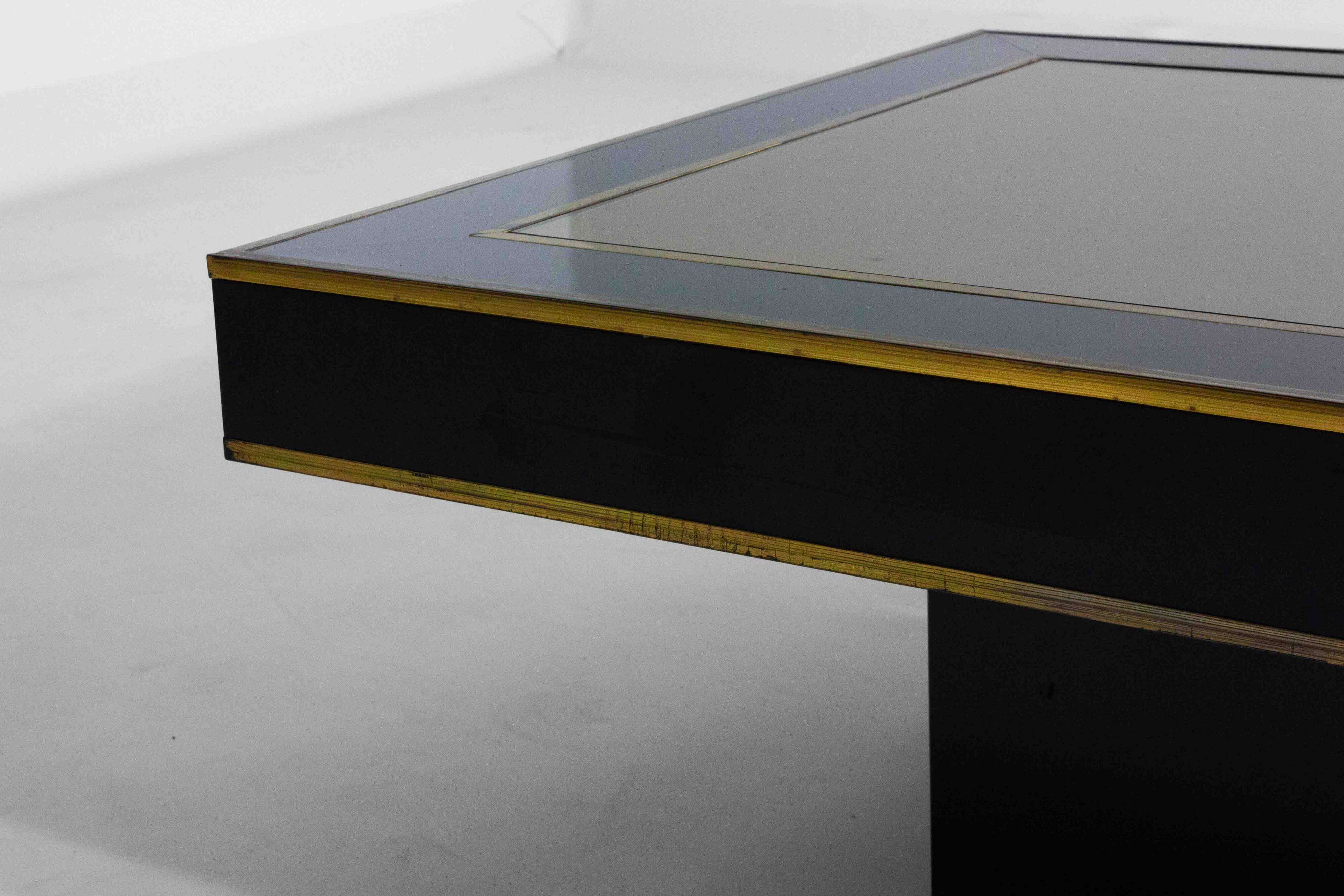 Regency black and brass mirror coffee table, Italy 1980s