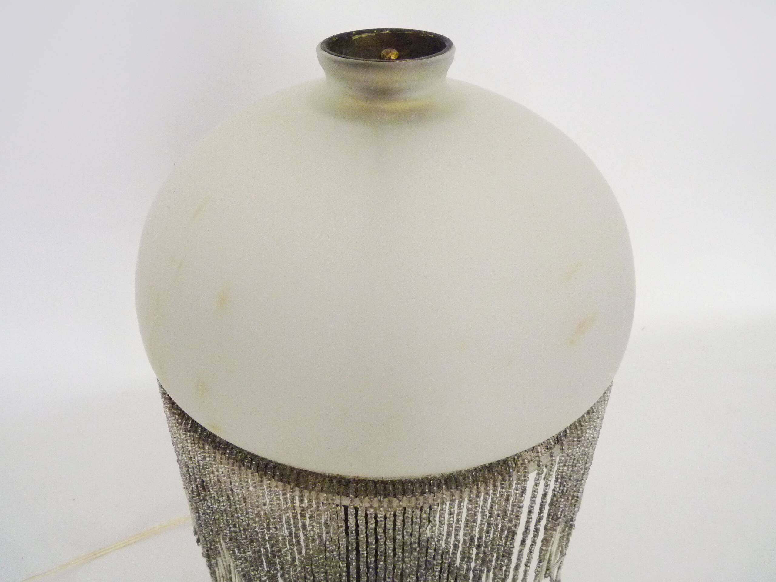 Table lamp, bedside lamp, silver metal base, globe and beads