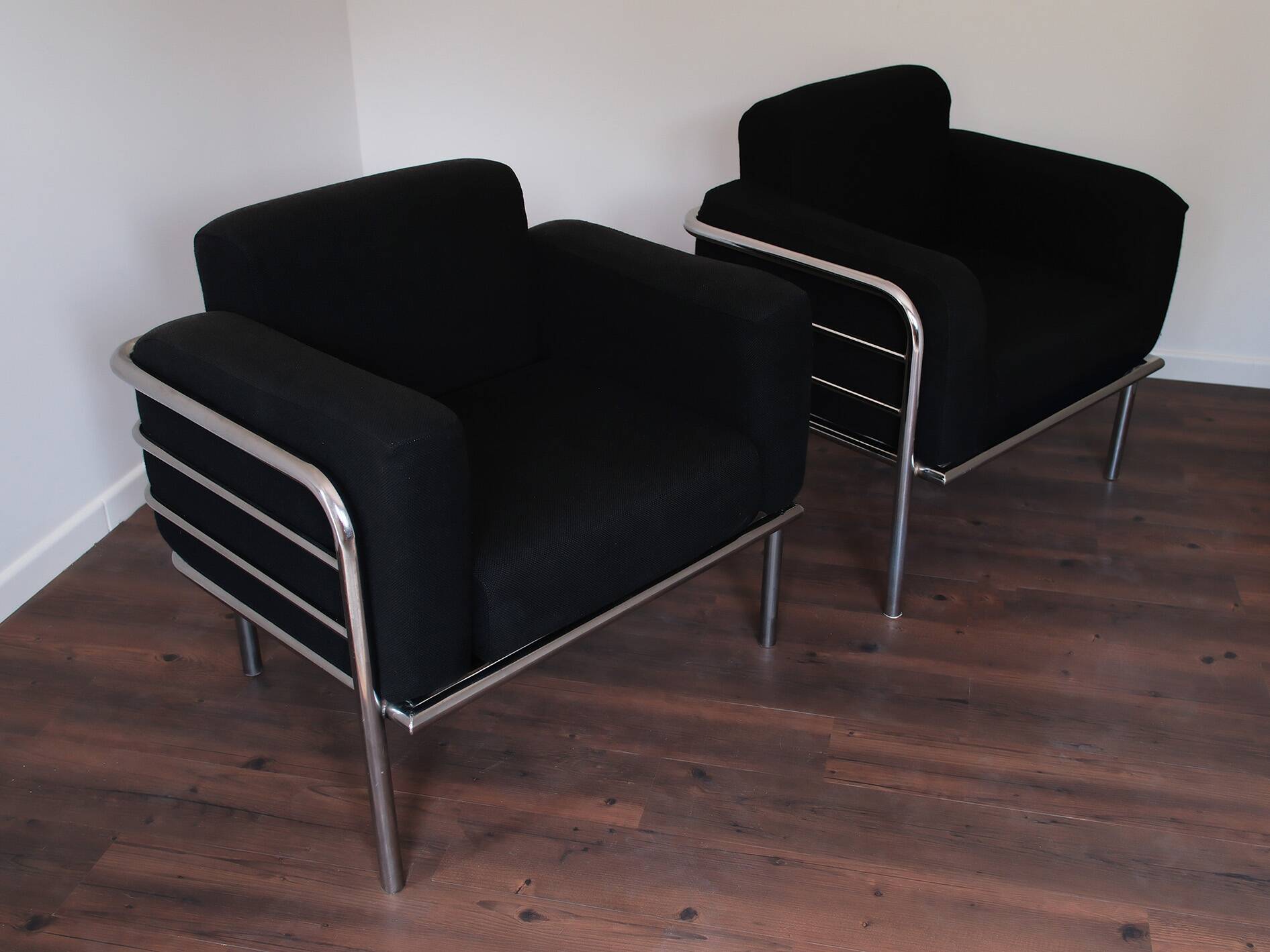 Pair of fabric armchairs – modernist design, circa 1970-80