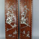 Pair old wood panels & mother-of-pearl Vietnam, Indochina around 1900 60x17 cm SB