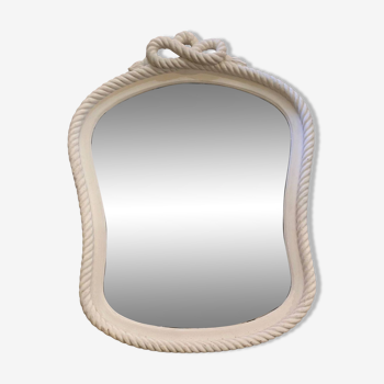 Miroir ancien avec noeud nautique en bois patine blanc deco bord de mer