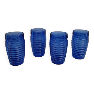 4 cobalt blue glasses – industrial moulded glass – 1970s