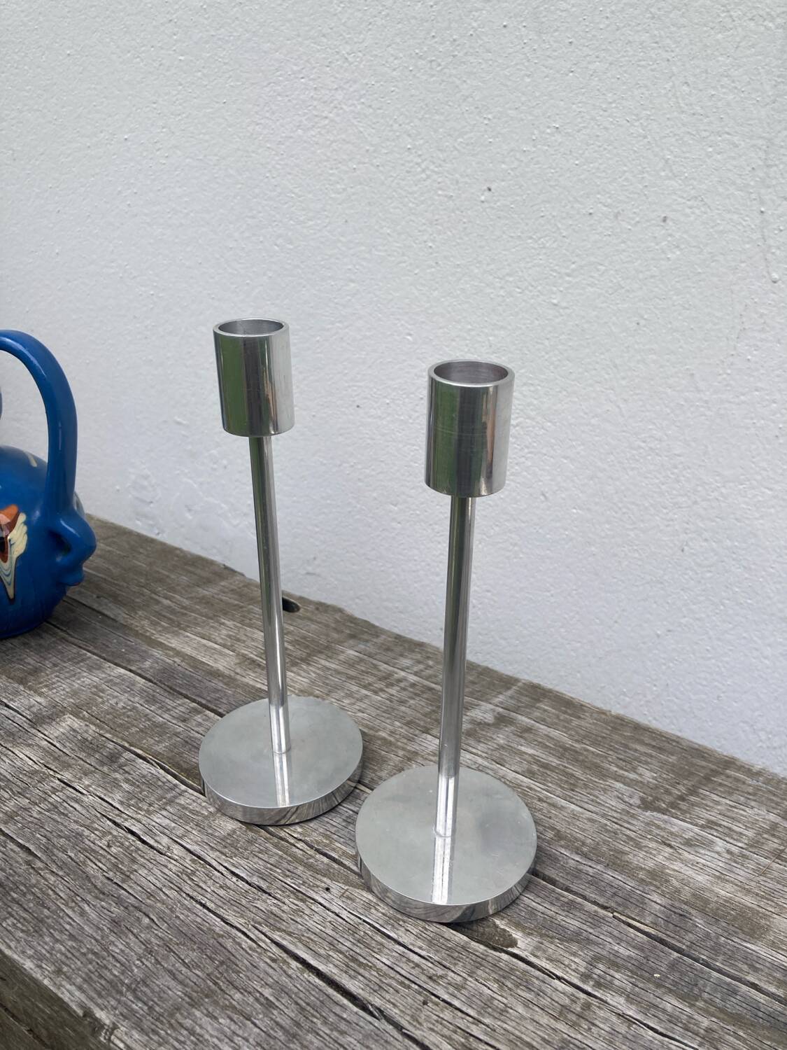 Pair of modernist aluminum candlesticks