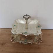 Vintage two-tiered server in oriental style – Silver-plated metal and turquoise cabochons.