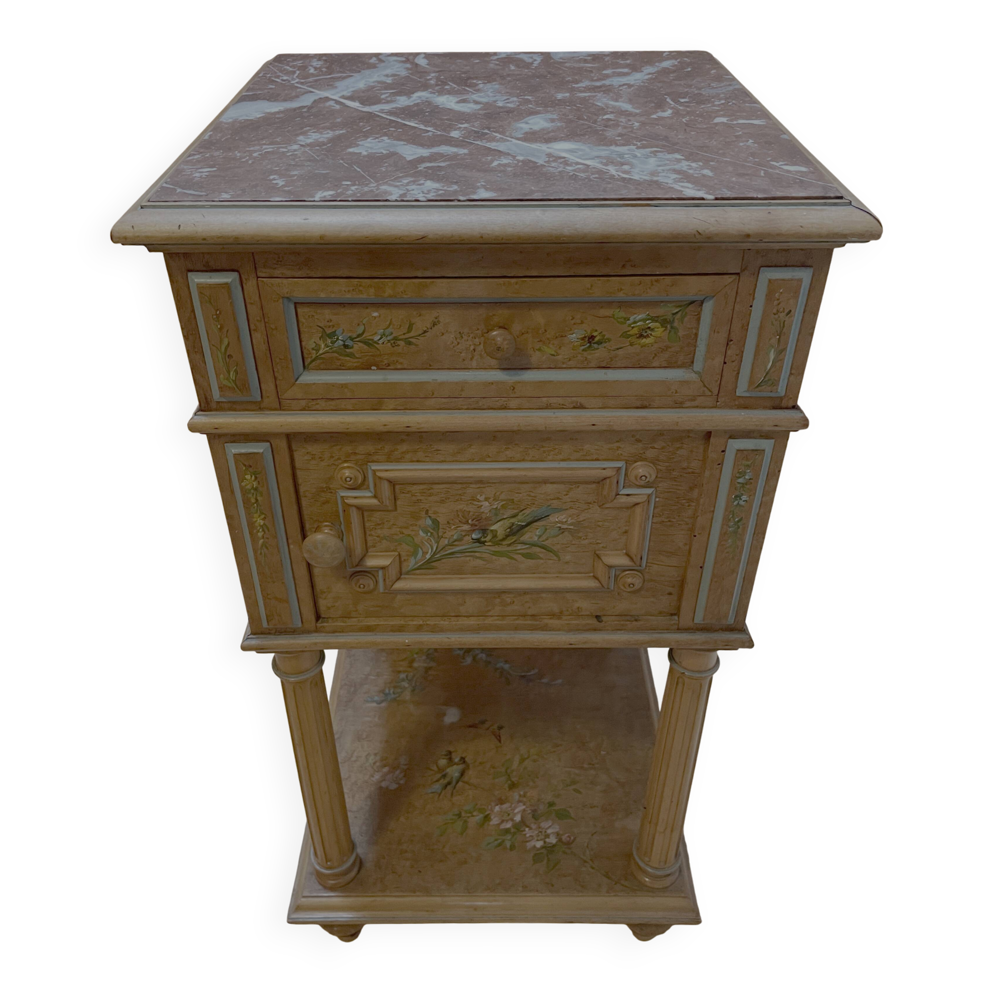 Late 19th century bedside table in painted maple burl, marble top