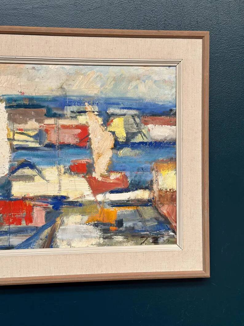 Original Swedish Oil on Canvas - "Abstract Harbour Motif" vintage