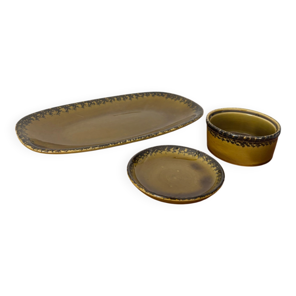 Ensemble céramique vintage Gien kaki Plat de service et 2 ramequins as