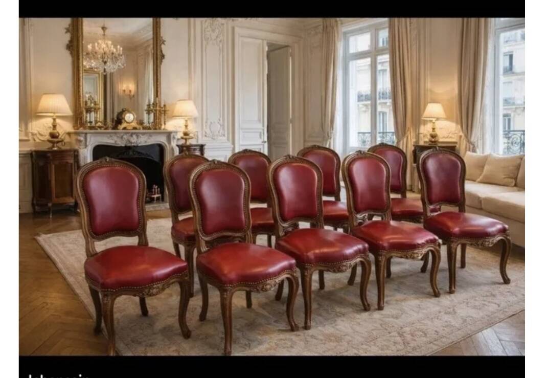 Set of Louis XV Cabriolet Chairs – Carved Wood & Bordeaux Leather