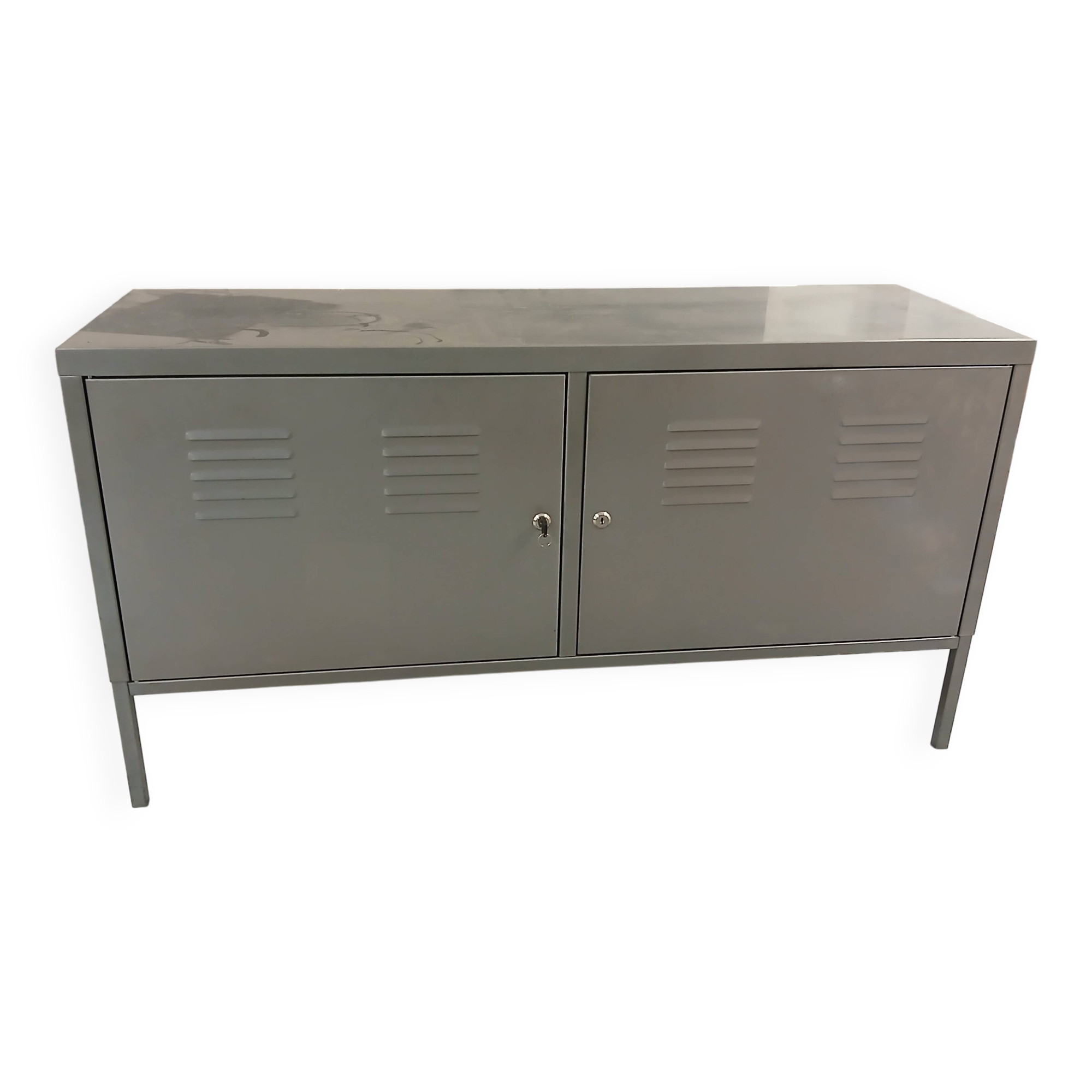 Small mouse gray industrial piece of furniture/sideboard.