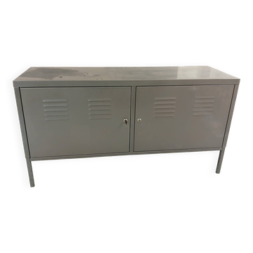 Small mouse gray industrial piece of furniture/sideboard.