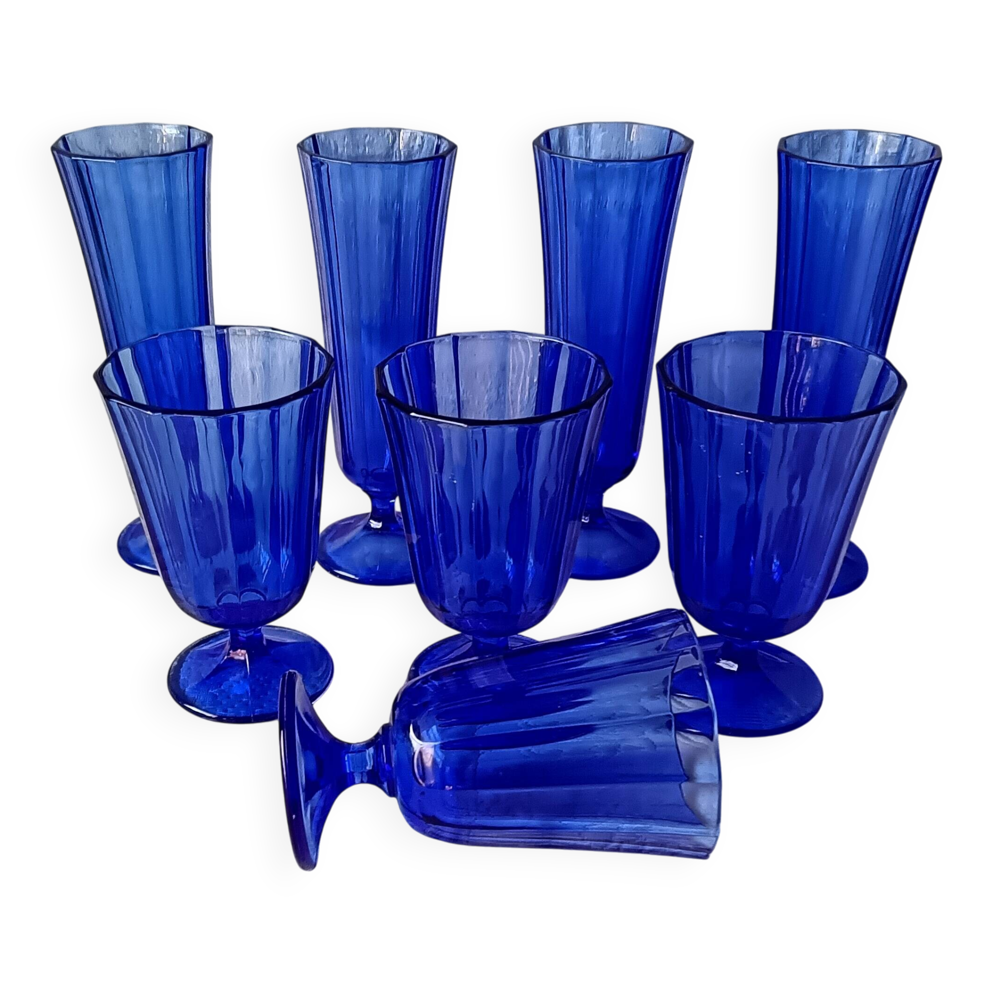 8 vintage aperitif glasses in cobalt blue coloured glass from Portugal.