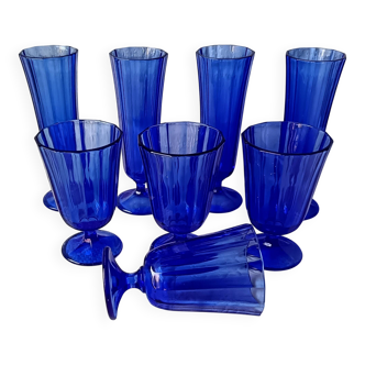 8 vintage aperitif glasses in cobalt blue coloured glass from Portugal.
