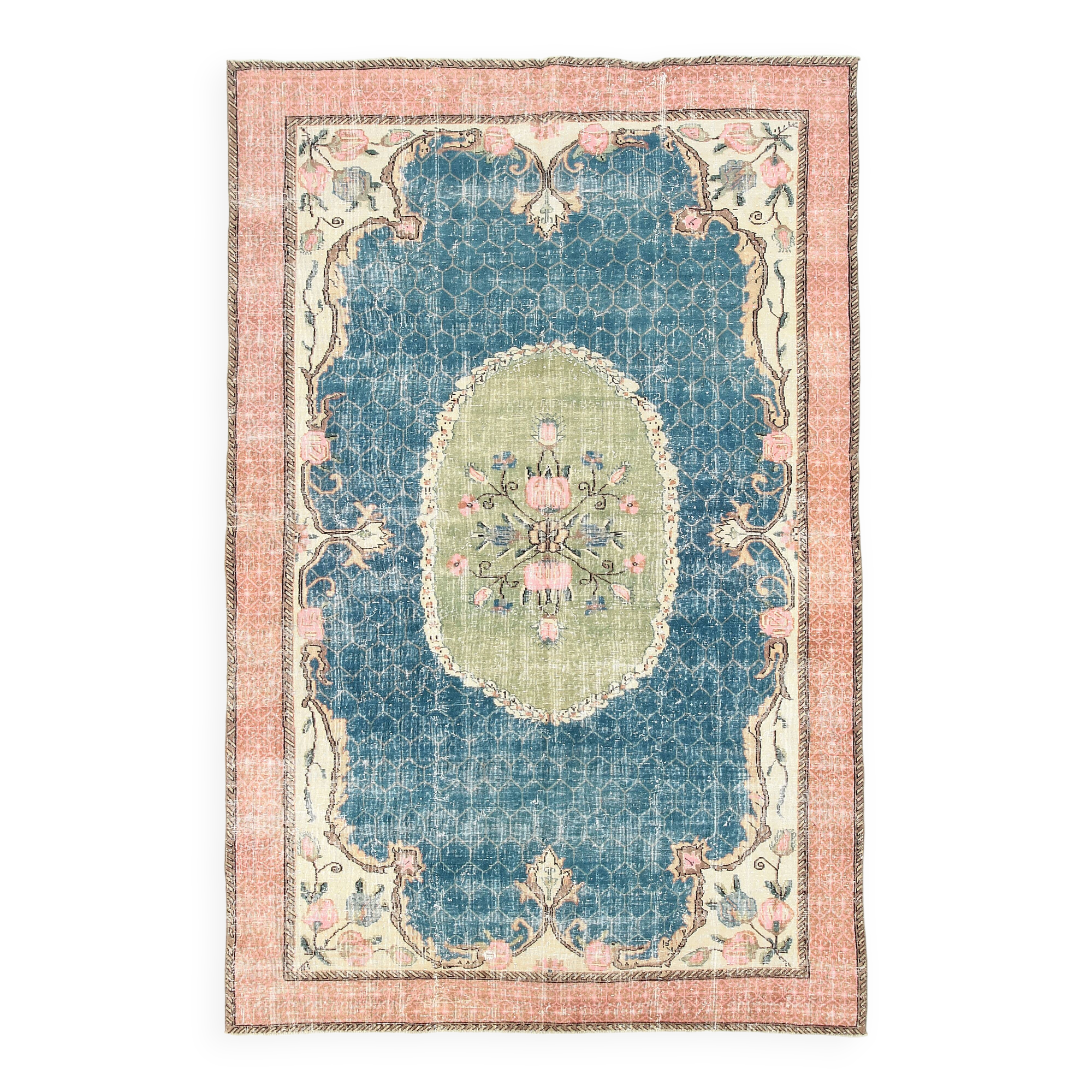 7x10 Blue & Green Handmade Turkish Vintage Rug, 211x320 Cm SK4996