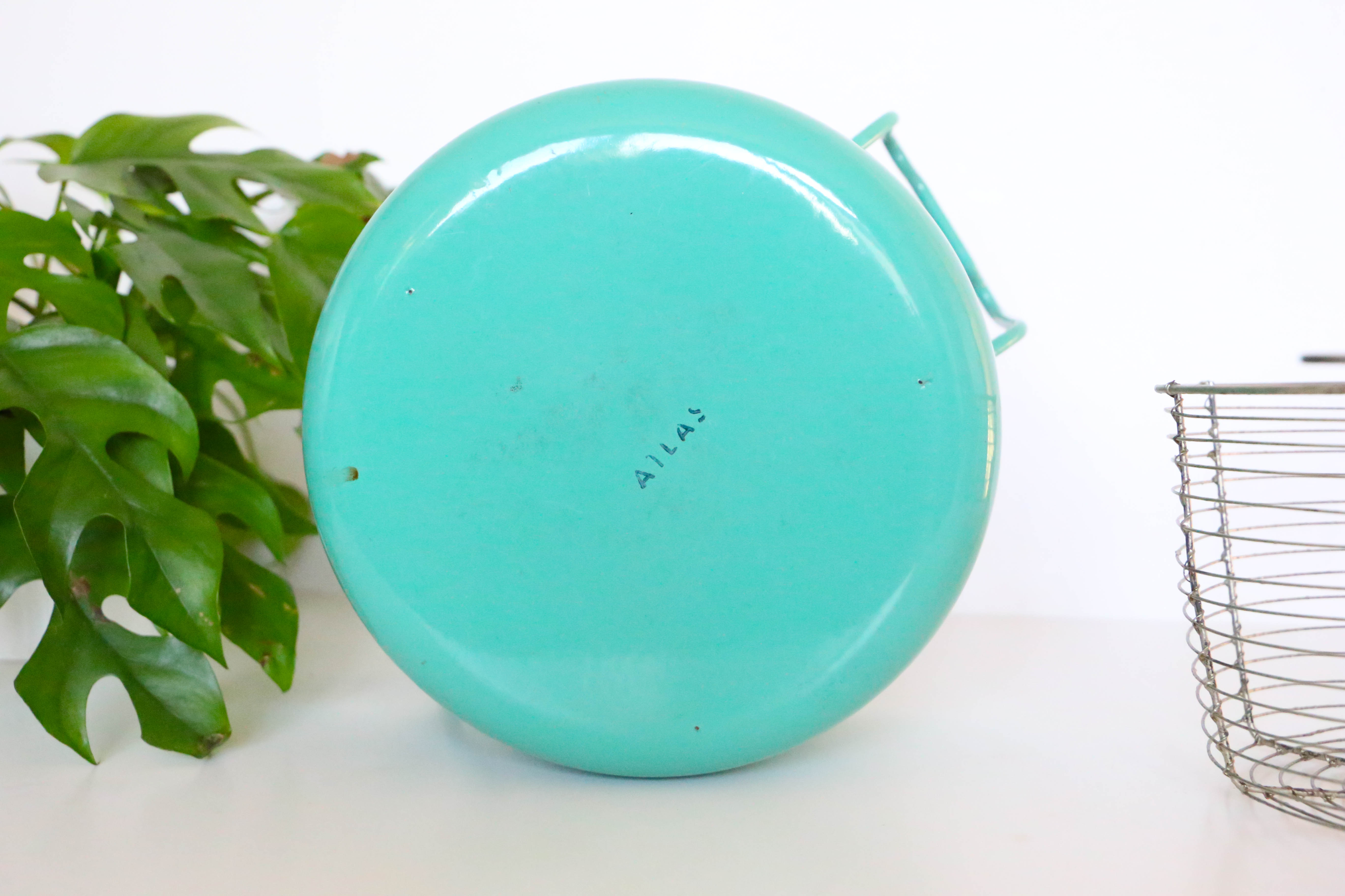 Enamelled metal fryer, pale green, vintage