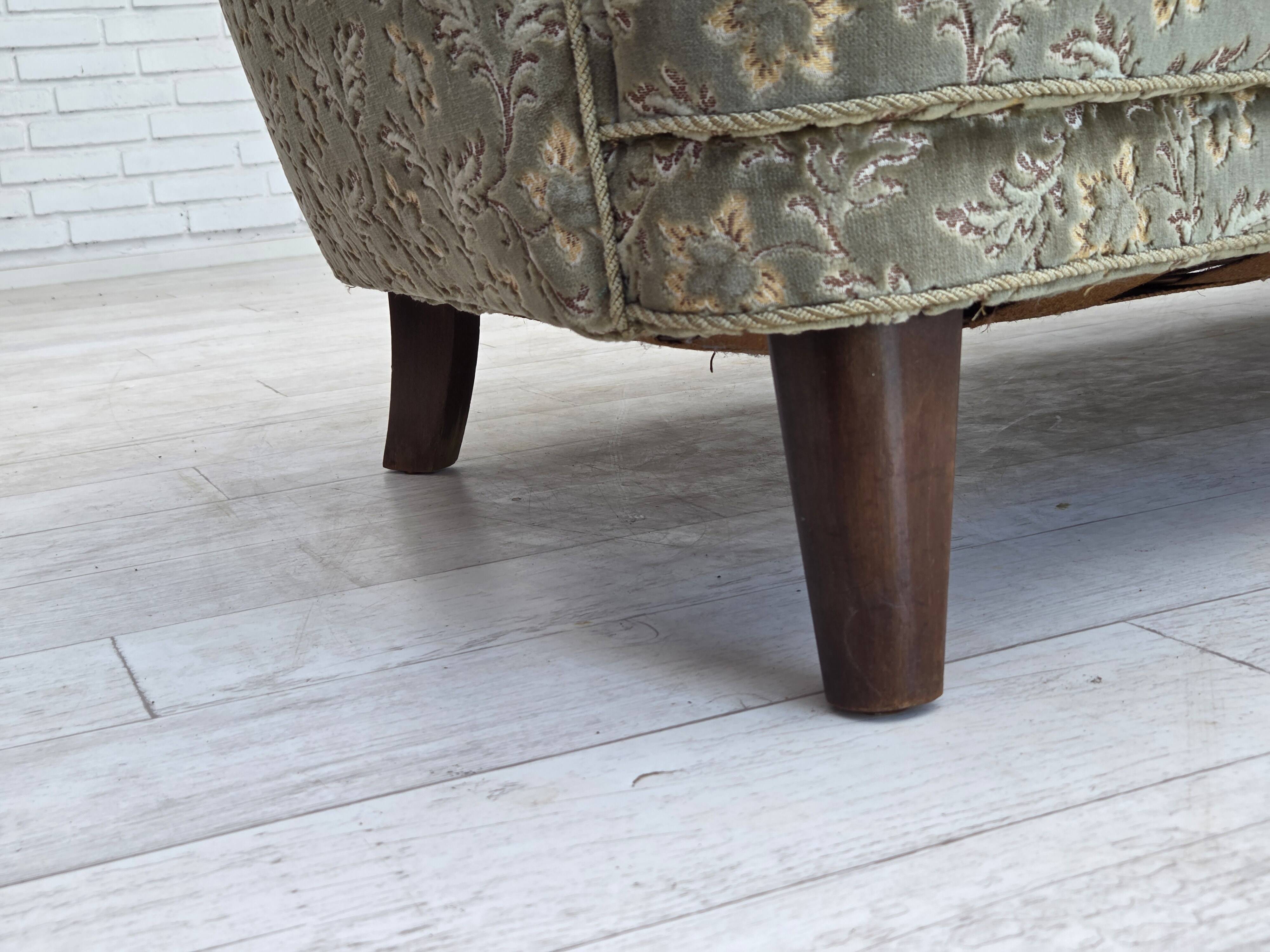 1960s, Danish 3-seater curved sofa, furniture velour, beech wood legs.