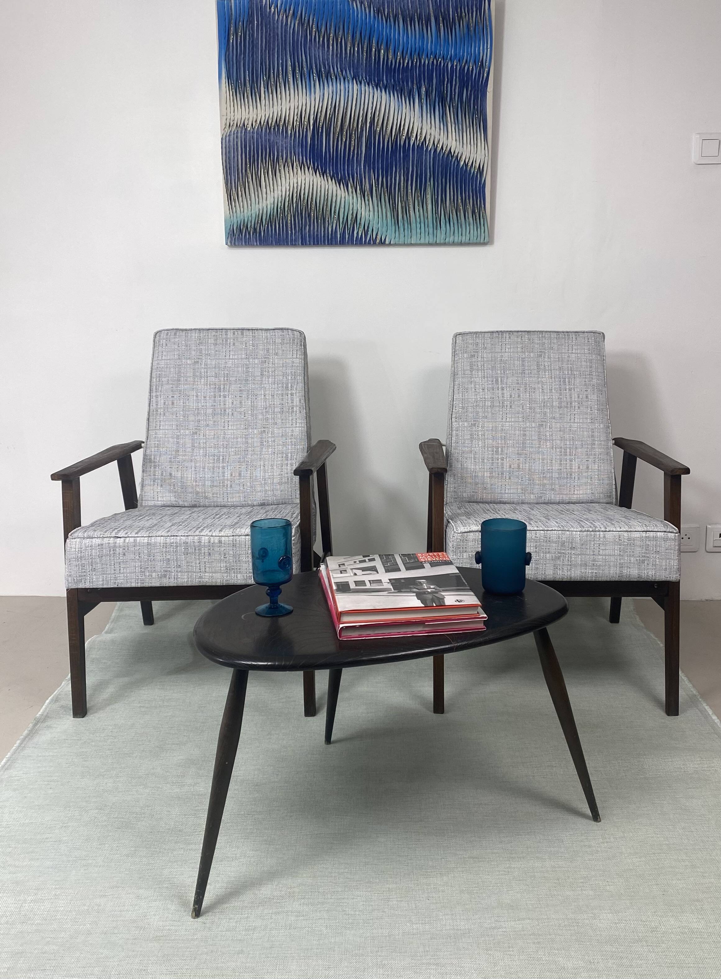 Pair of Henryk Lis 300-190 armchairs, 1970s, heathered grey-blue fabric. Ref: