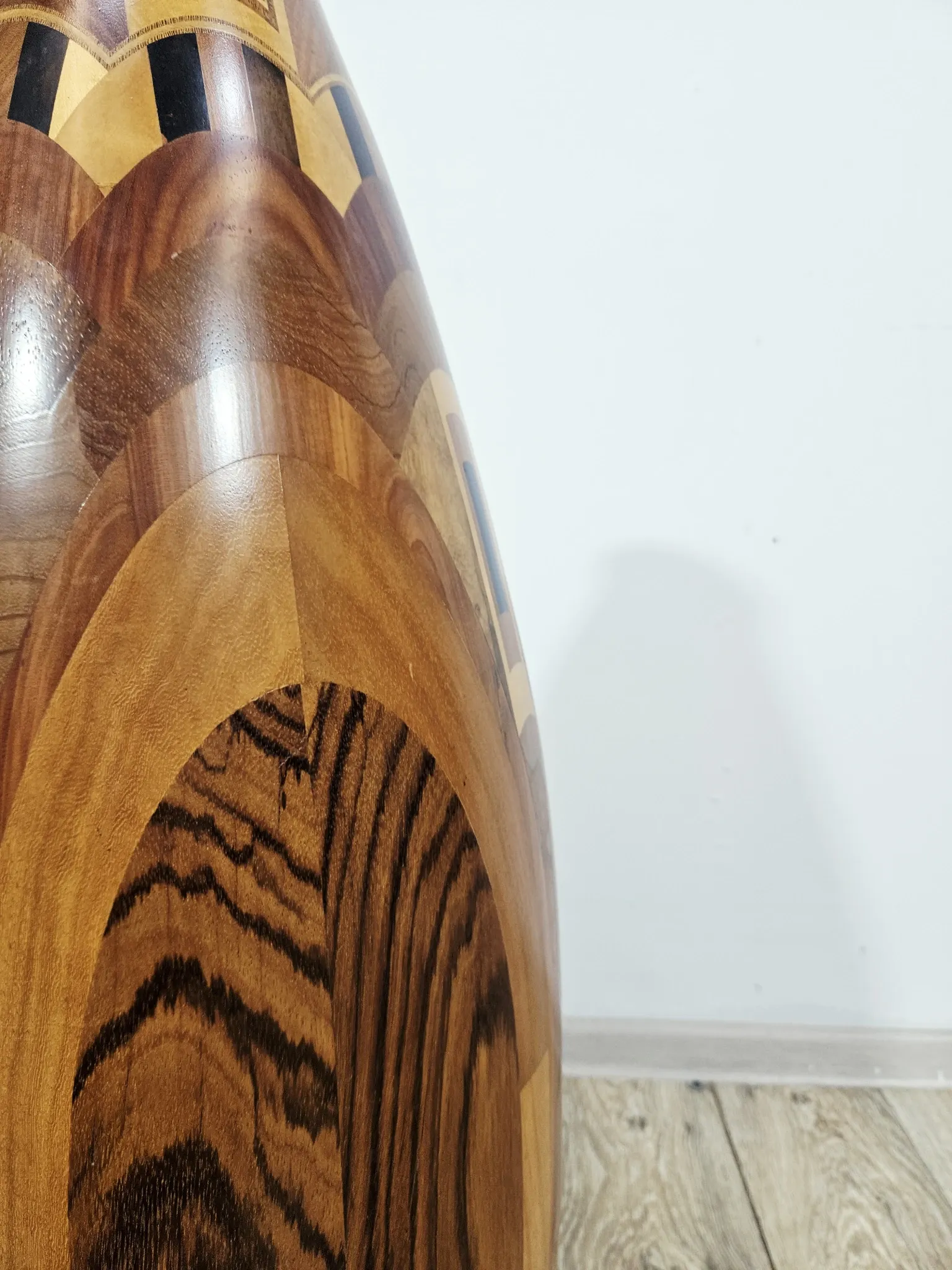 Monumental wooden floor vase / intarsia / wood mosaic / Africa / 1950s–1960