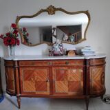 Louis XVI style sideboard in inlaid rosewood and large gilded mirror style between Louis XV and XVI