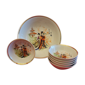 Saladier & 6 bols porcelaine décor chinois