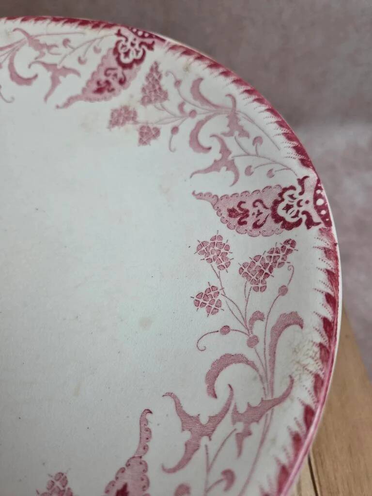 Antique compote dish Terre de fer Longwy Rambouillet model – burgundy decoration