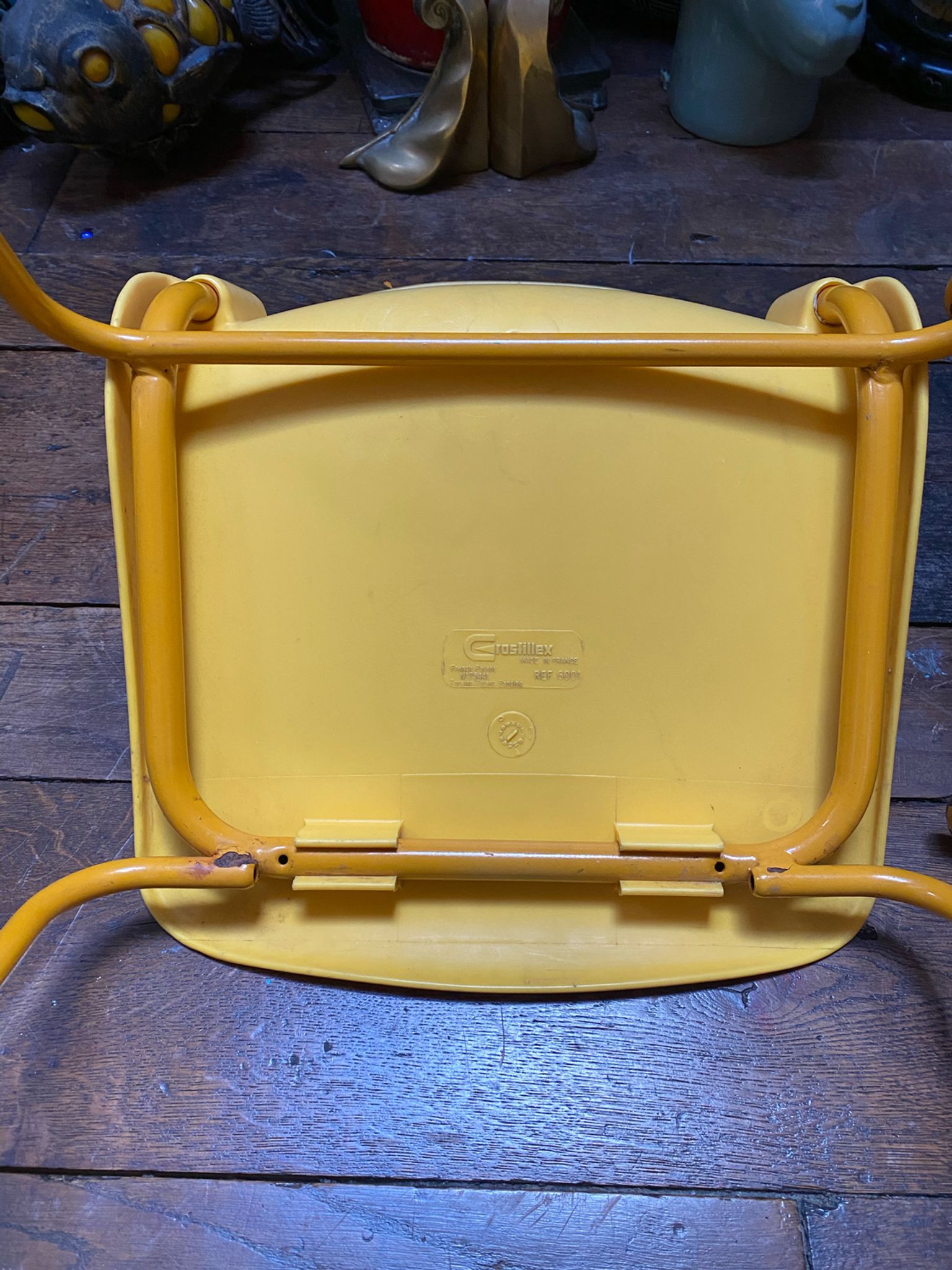 Duo of vintage Grofilex child kindergarten chairs yellow plastic