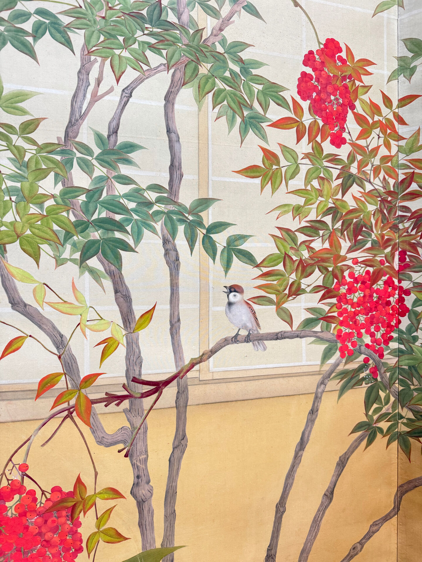 Two-panel screen with a decoration of plants and birds, Japan.