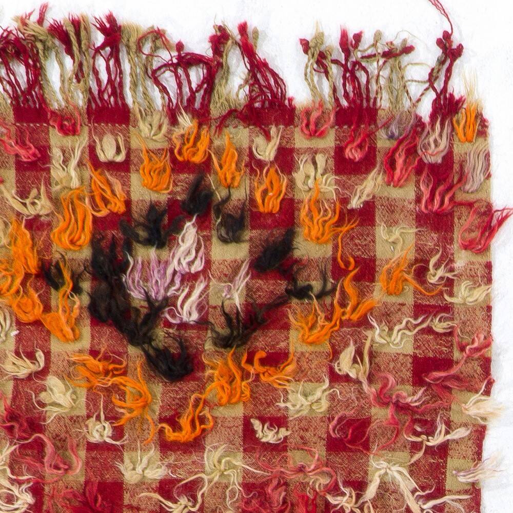 Vintage Handwoven Checkered Kilim Rug with Red and Beige Checkered Design and Colorful Wool Pom Pom