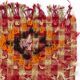 Vintage Handwoven Checkered Kilim Rug with Red and Beige Checkered Design and Colorful Wool Pom Pom