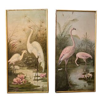 Oils on canvas by c. mignal representing flamingos twentieth