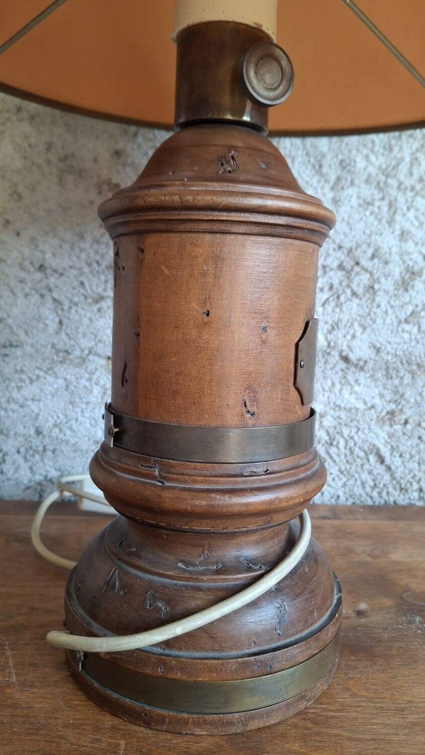 Antique turned wood lamp with engraved brass, Royal Adelaide.