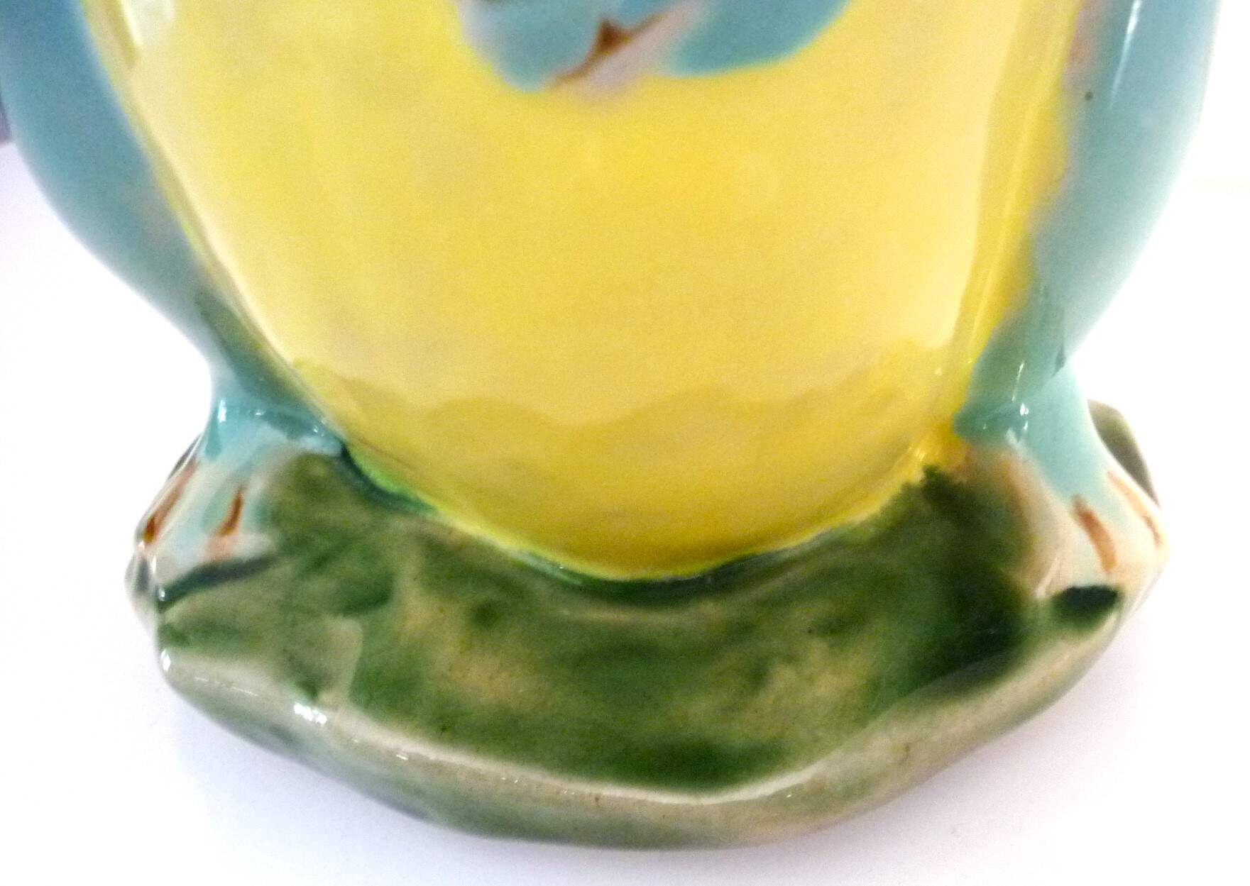 Frog pitcher, glazed ceramic, slipware, signed Athezza Franca
