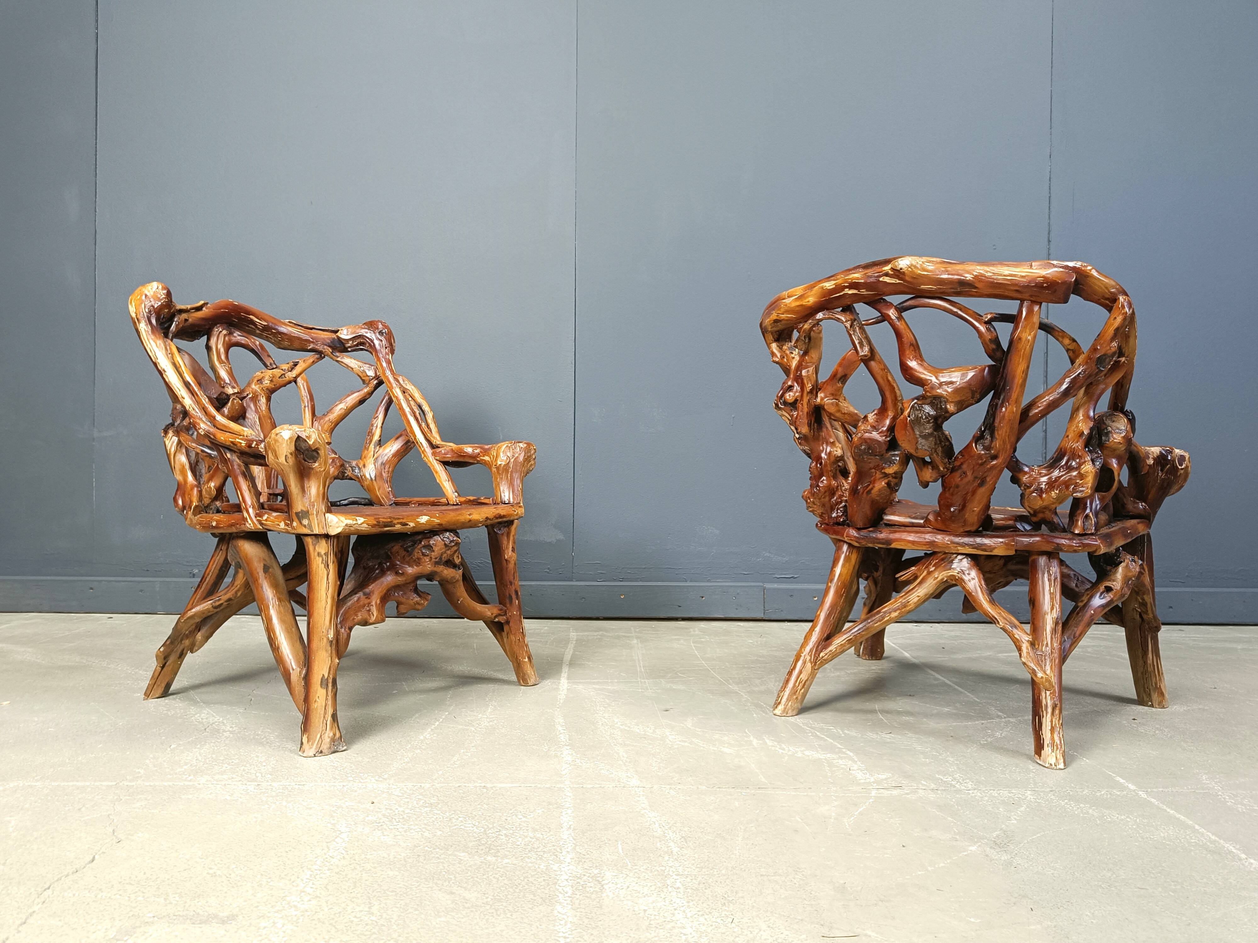 Rustic wood and knotted root armchairs, set of 4 - 1960s