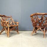 Rustic wood and knotted root armchairs, set of 4 - 1960s