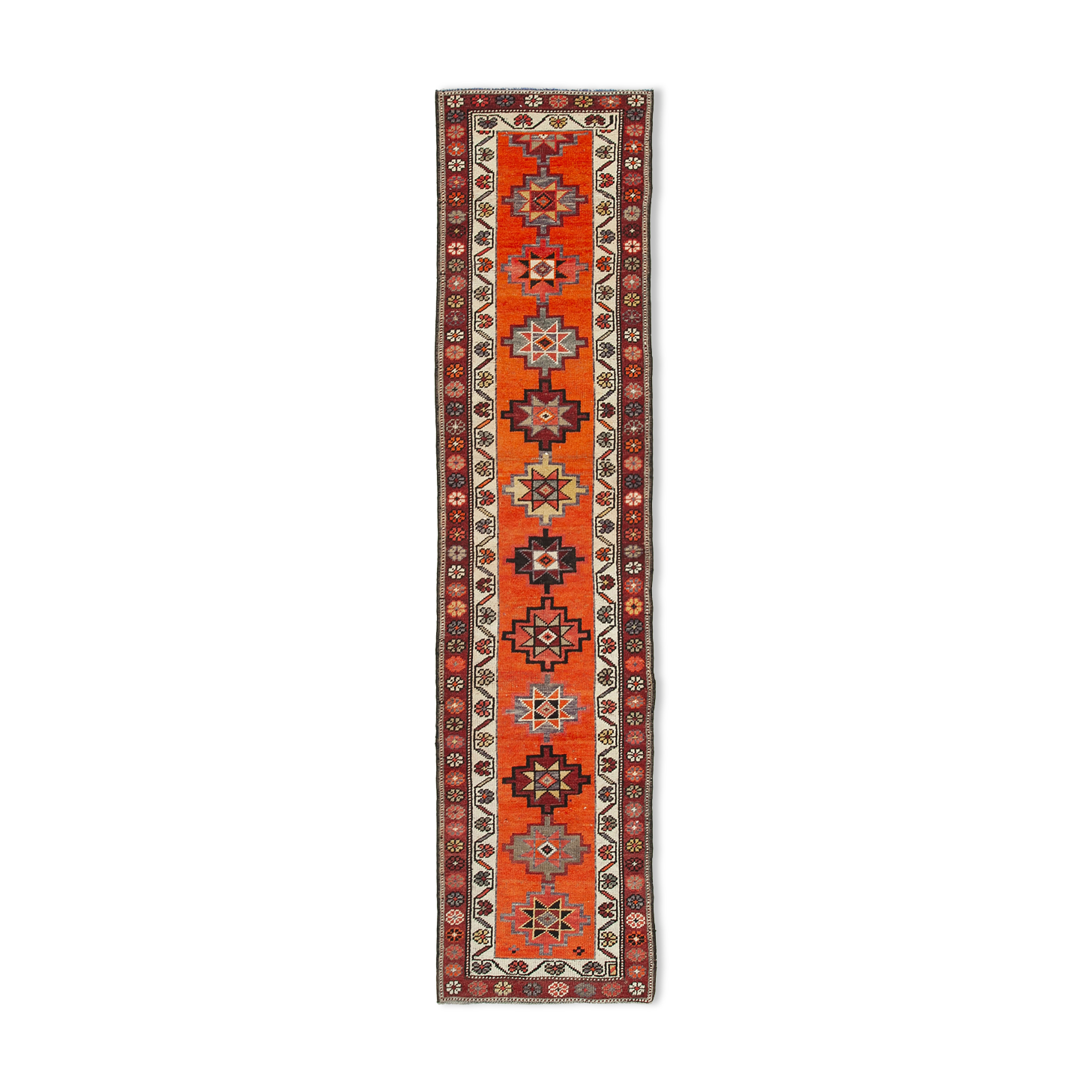 Hand-knotted antique turkish orange runner rug 90 cm x 382 cm