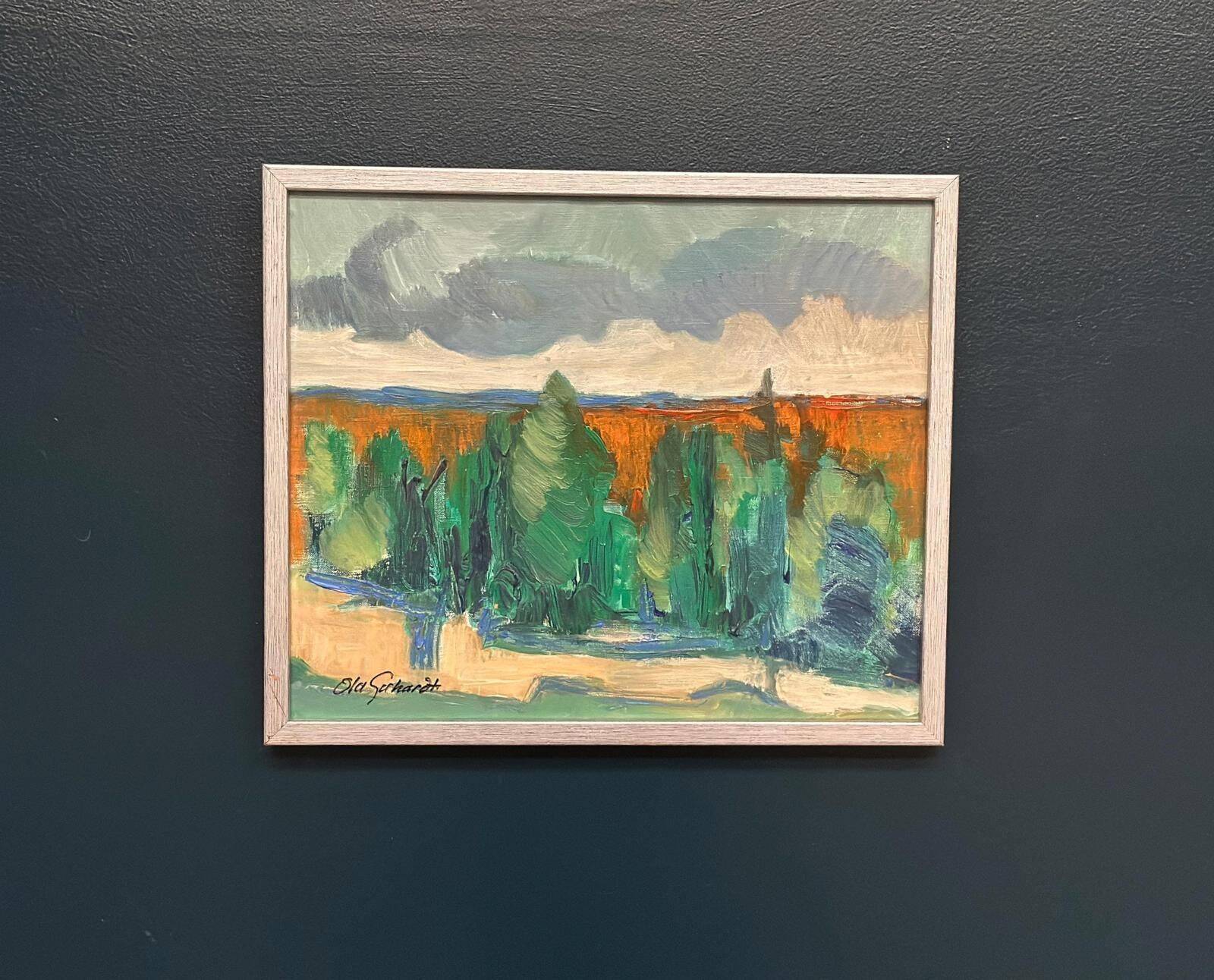 Huile sur toile originale suédoise – « Arbres » par Ola Gehardt – Vintage et encadrée