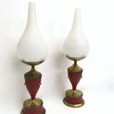 Pair of Red Varnished Metal, Brass and Glass Table Lamps, Italy
